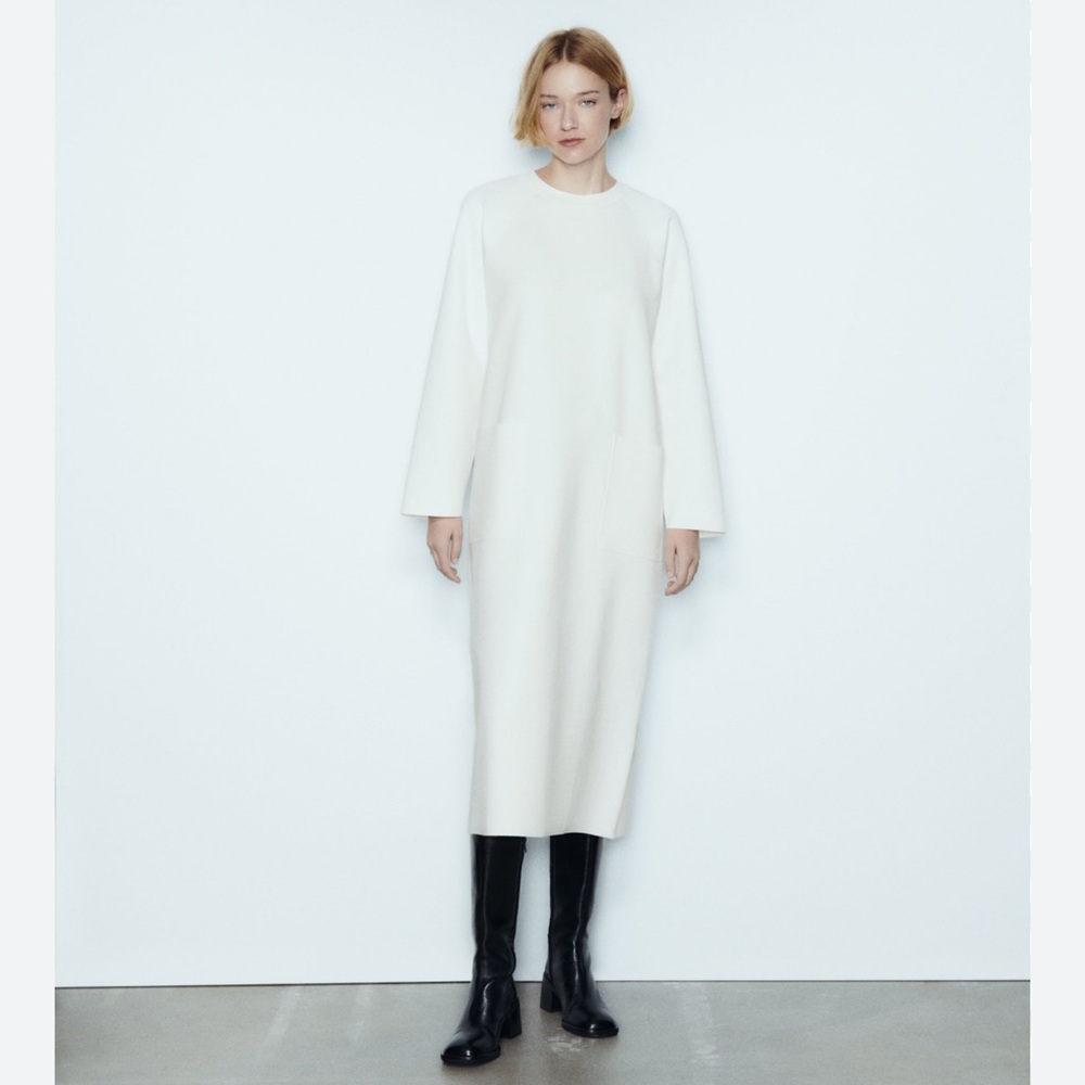NWT ZARA oversized white midi dress with front pockets and long sleeves